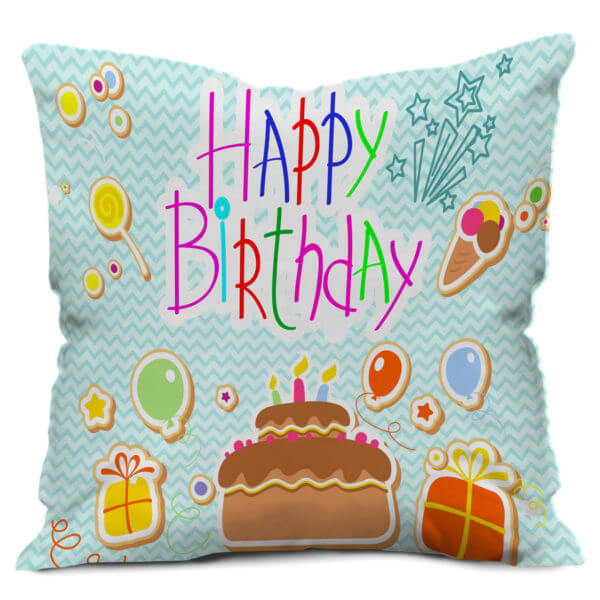 illustrator Cake with Flying Balloons Happy Birthday Print Satin Cushion