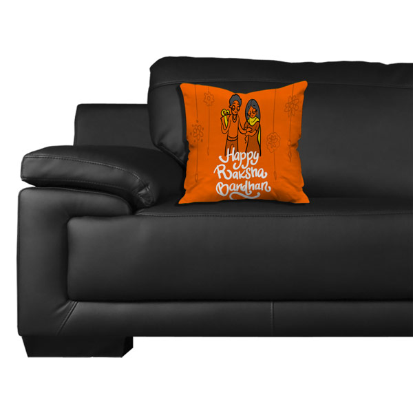Happy Rakshabandhan Quote Printed Satin Cushion Cover, Orange