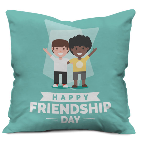Cute Cartoon Boys are Celebrating Friendship Day Text Printed Cushion Cover, Blue Cute Cartoon Boys are Celebrating Friendship Day Text Printed Cushion Cover, Blue