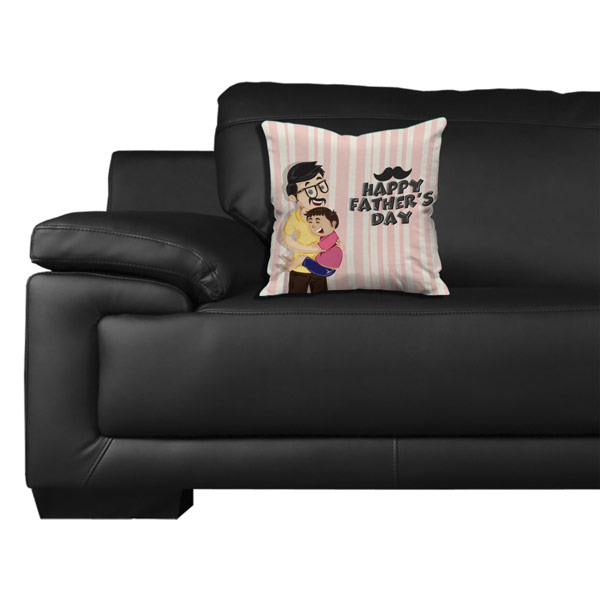 Father Holding his Boy Mustache Printed Cushion Cover with Filler (12X12, Light Pink)