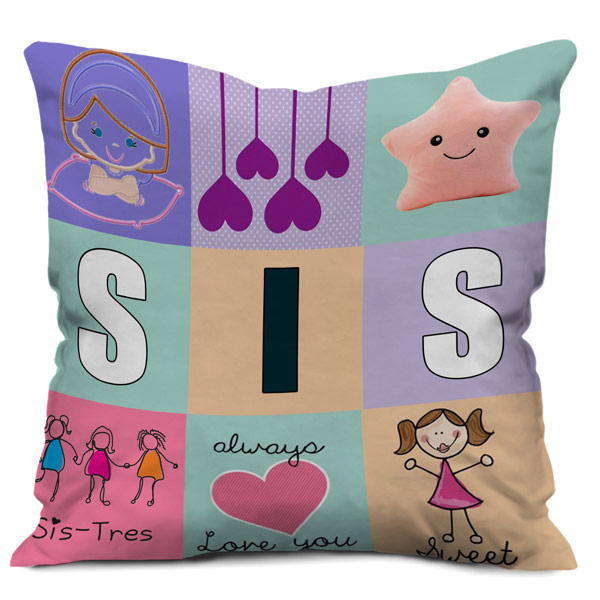 Sis Quote Checkered Printed Satin Cushion Cover, Multi