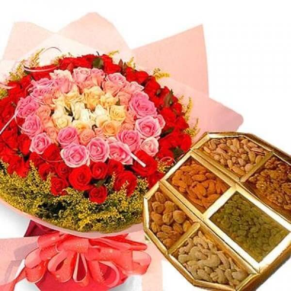 50 Mix Roses Bouquet N Assorted Dryfruits 50 Mix Roses Bouquet N Assorted Dryfruits