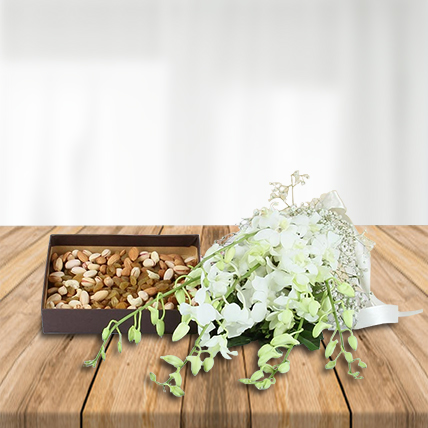 6 Pristine White Orchids & Mixed Dryfruits Box 6 Pristine White Orchids & Mixed Dryfruits Box