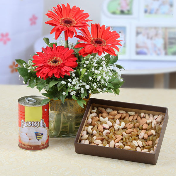 Red Gerberas Vase Arrangement With Dry Fruits Box