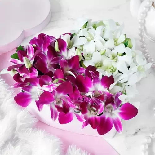 Bouquet of White & Purple Orchids in Heart-shaped Box