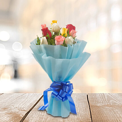 10 Mix Roses with Blue Paper Packing