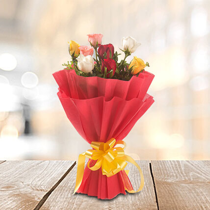 8 Mix Roses with Red Paper Packing