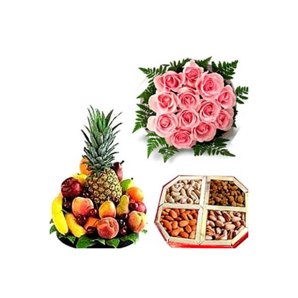 Pink Roses With Dryfruits N Fresh Fruits Basket Pink Roses With Dryfruits N Fresh Fruits Basket