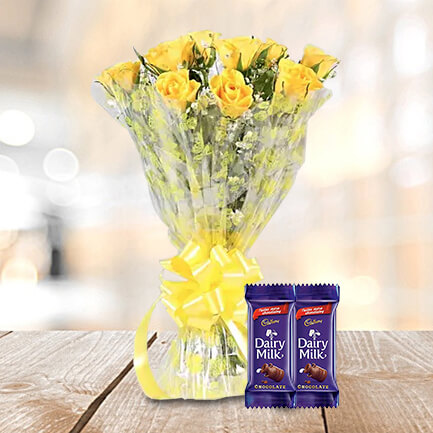10 Yellow Roses with 2 Dairymilk Chocolates