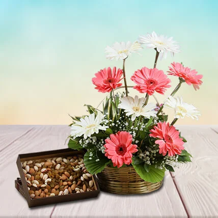 Fabulous Basket Arrangement Of Gerberas With Dry Fruits Fabulous Basket Arrangement Of Gerberas With Dry Fruits