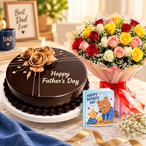 Fathers Day Chocolate Truffle Cake, Bouquet & Card