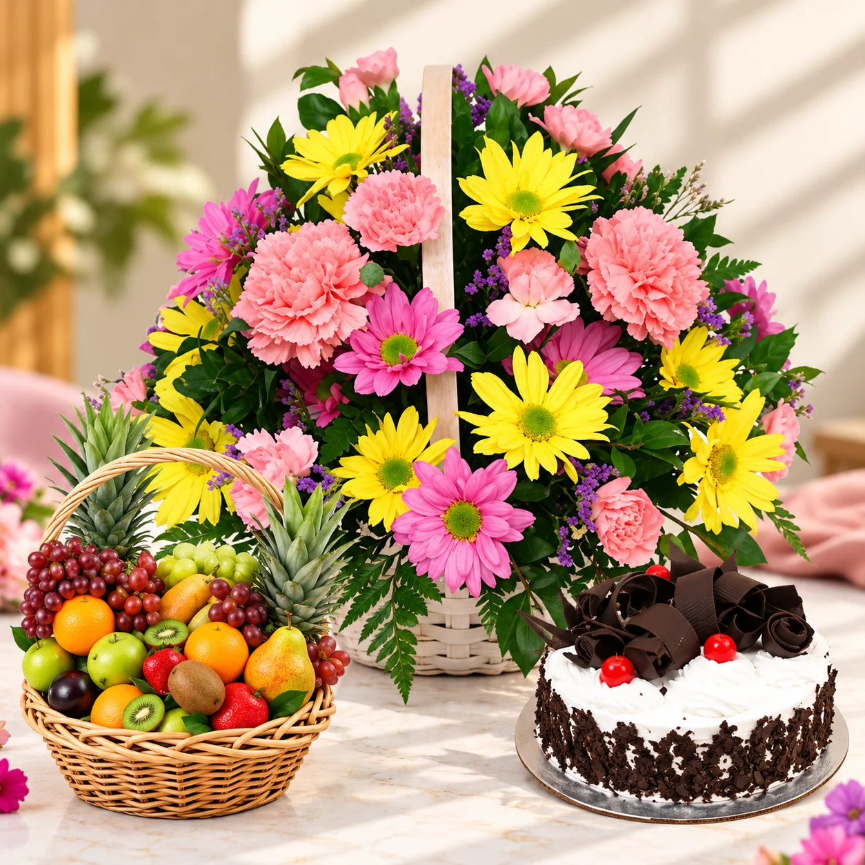 Flowers with Fruit Basket Flowers with Fruit Basket