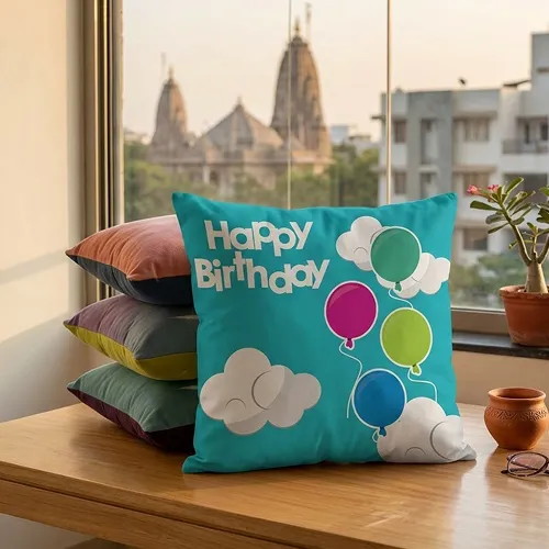 Flying Balloons in the Sky Happy Birthday Text Print Satin Cushion