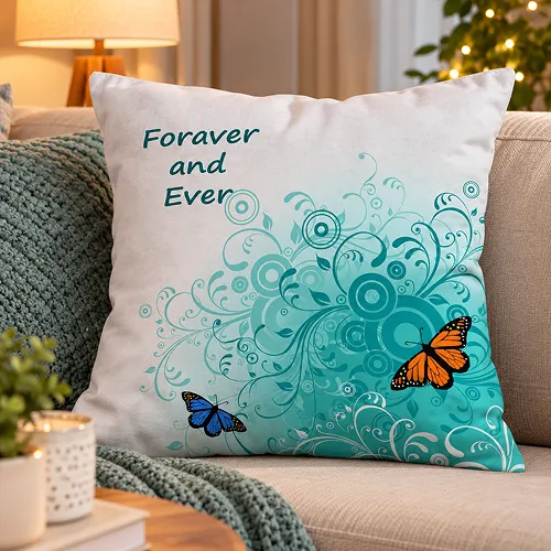Forever and Ever Text with Flying Butterfly Printed Cushion Cover, Aqua Blue