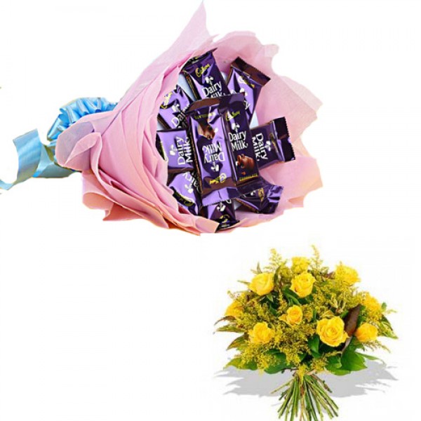 Cadbury Dairy Milk Chocolate Bouquet with yellow roses Cadbury Dairy Milk Chocolate Bouquet with yellow roses