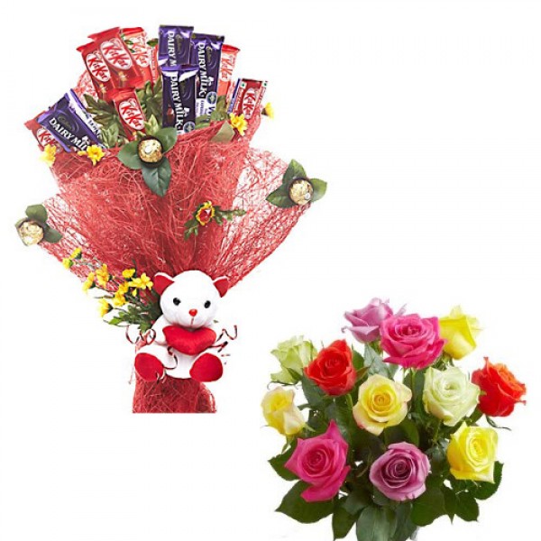 Chocolate Bouquet with Teddy and mixed roses