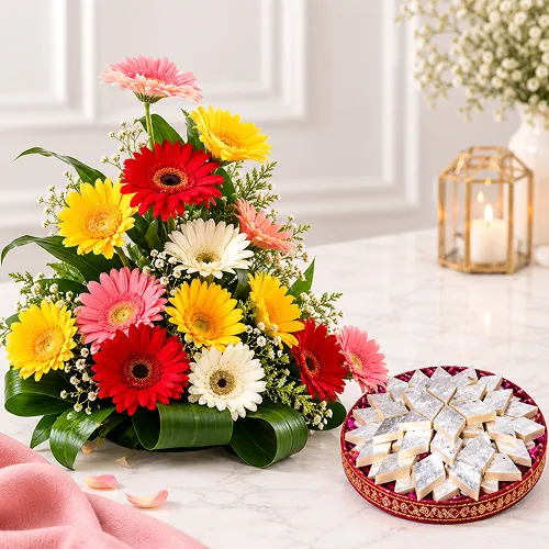 Gerbera with Kaju Katli Gerbera with Kaju Katli