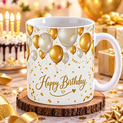 Golden Balloons with Birthday Quote Printed Ceramic Mug Golden Balloons with Birthday Quote Printed Ceramic Mug