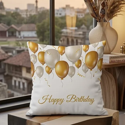 Golden and White Flying Balloons with Birthday Text Print Cushion Cover, White