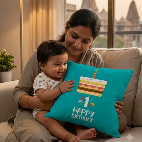 Happy 1st Birthday with Cake Print Soft Satin Cushion Cover, Blue