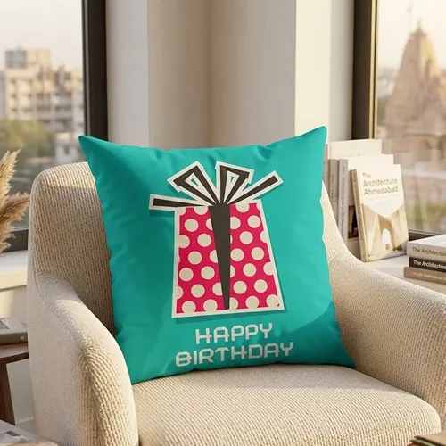 Happy Birthday Gift Box Printed Satin Cushion Cover, Aqua Blue
