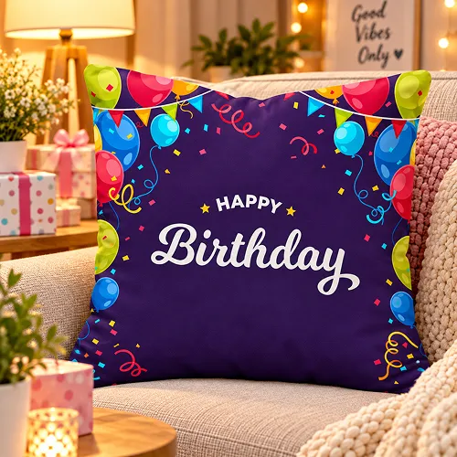 Happy Birthday Text with Decoration Banner Border Satin Cushion Cover, Purple