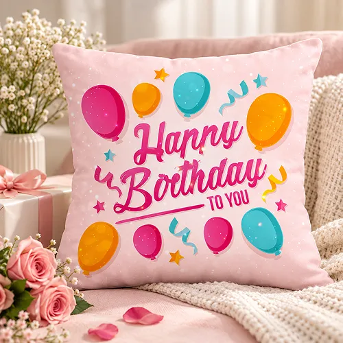 Happy Birthday Text with Flying Balloons Printed Satin Cushion Cover, Pink