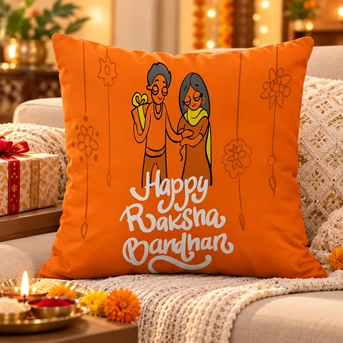 Happy Rakshabandhan Quote Printed Satin Cushion Cover, Orange Happy Rakshabandhan Quote Printed Satin Cushion Cover, Orange