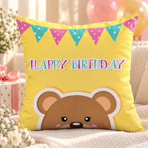 Little Panda Saying Happy Birthday Satin Cushion Cover, Multi