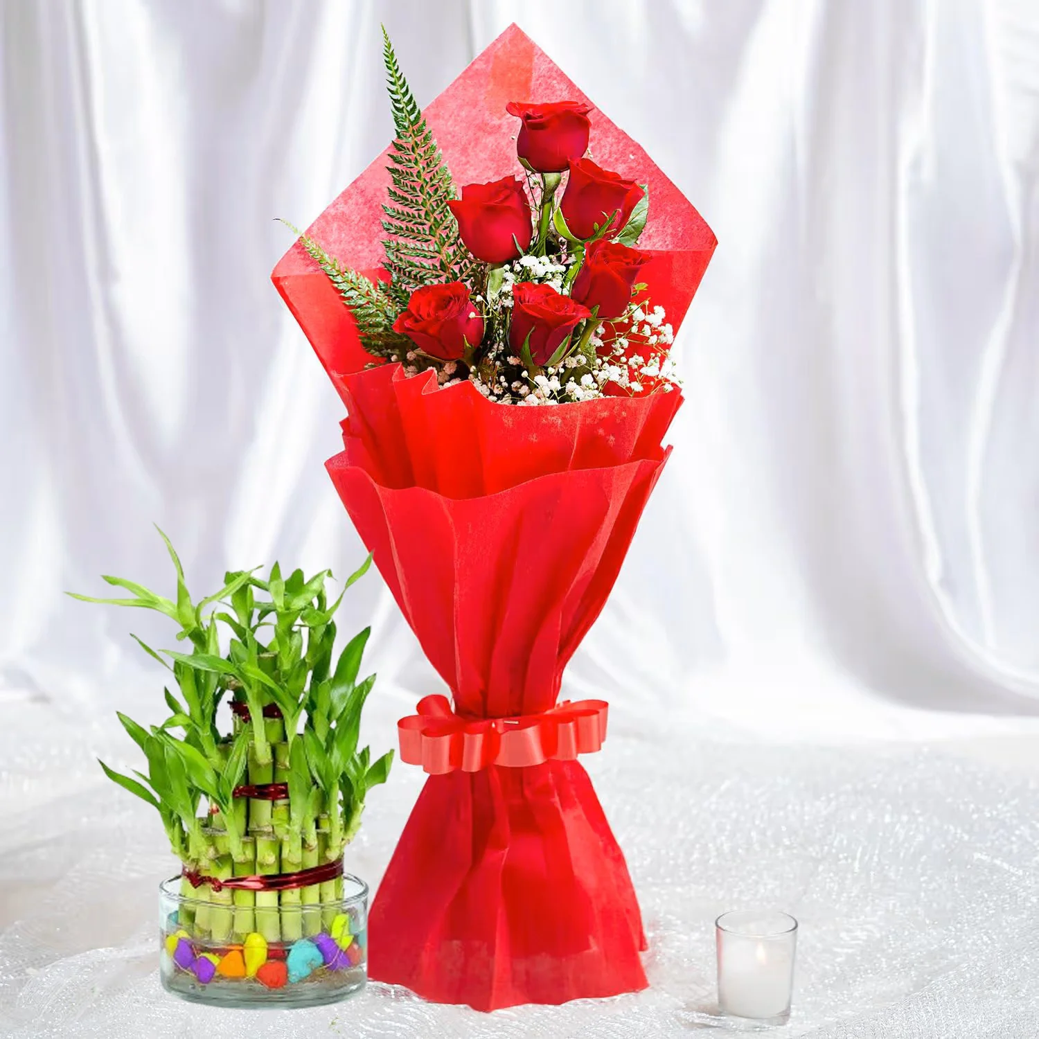 Lucky Bamboo & Red Roses Combo