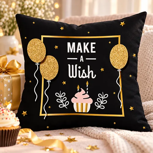 Make a Wish Text with Glitter Balloons Cake with Candle Printed Soft Satin Cushion Cover, Black