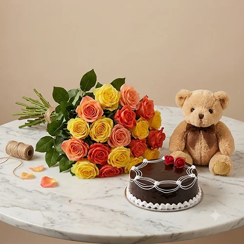 Mix roses with cake and teddy Mix roses with cake and teddy