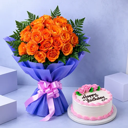 Orange Roses with Cake Orange Roses with Cake