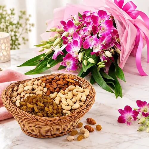 Orchids Bouquet With Assorted Dryfruits Basket Orchids Bouquet With Assorted Dryfruits Basket