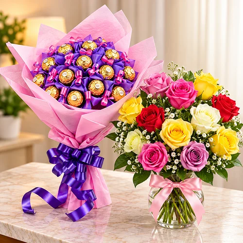 Pink Ferrero Love with mixed roses Pink Ferrero Love with mixed roses