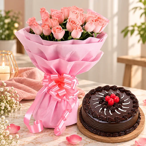 Pink Roses 20 with Cake