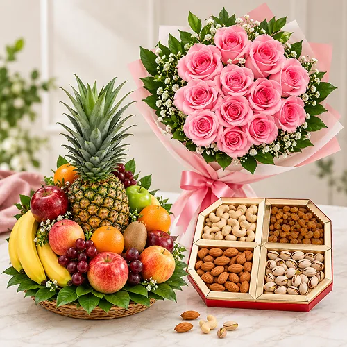 Pink Roses With Dryfruits N Fresh Fruits Basket Pink Roses With Dryfruits N Fresh Fruits Basket