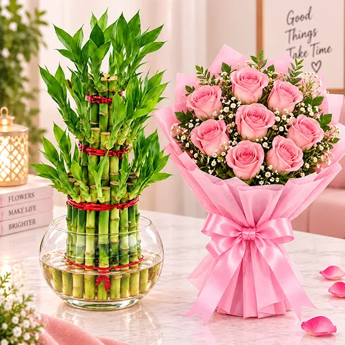 Pinky Roses and Bamboo Plant