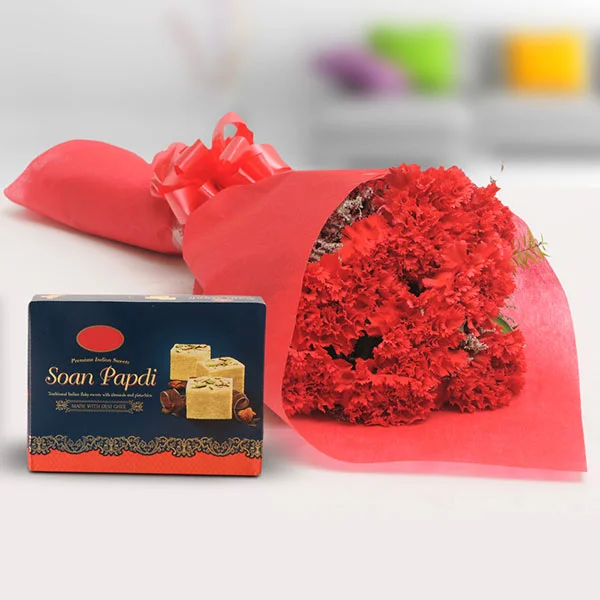 Red Carnations & Soan Papdi Sweet Combo Red Carnations & Soan Papdi Sweet Combo