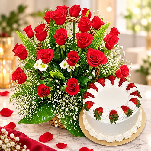 Red Roses & Strawberry Cake Red Roses & Strawberry Cake
