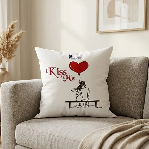 Romanic Couple Sitting on Bench Kiss Me Text Print Satin Cushion Cover. White