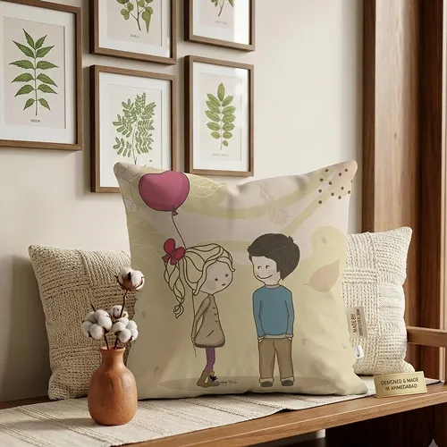 Romantic Boy & Girl Falling in Love Satin Cushion Cover, 12X12, Beige