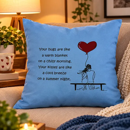 Romantic Couple Falling in Love with Quote Print Soft Satin Cushion Cover, Blue