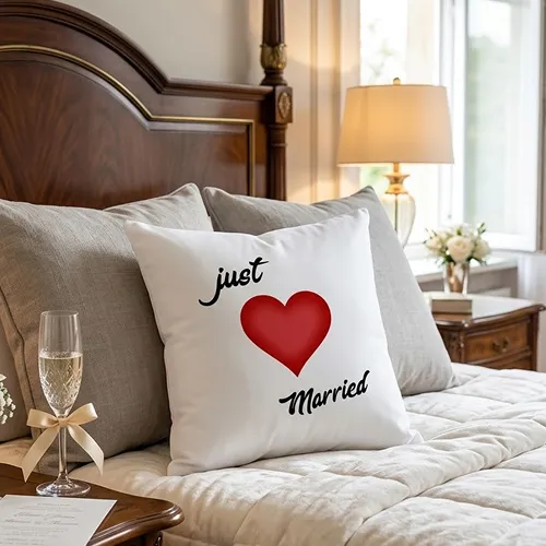 Romantic Heart with Just Married Text Print Cushion for New Wedding Couples