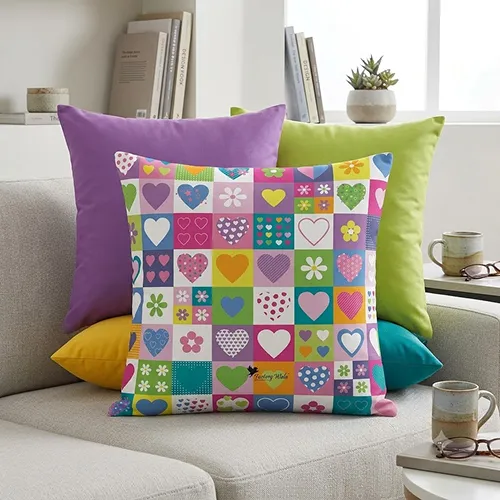 Romantic Love Hearts Checkered Cushion Cover, Multi