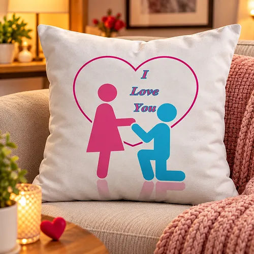 Romantic illustrator Boy Purposing his gril on Knee Satin Cushion Cover, White