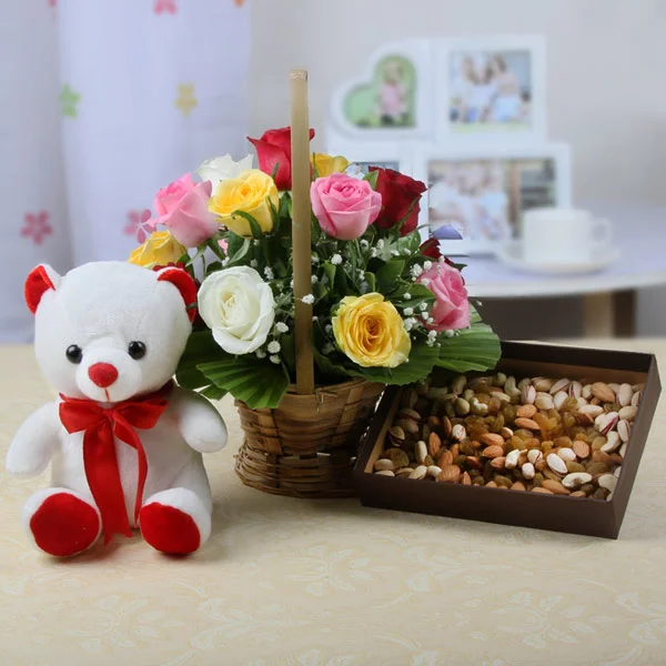Rose Basket Teddy And Dry Fruits Combo Rose Basket Teddy And Dry Fruits Combo