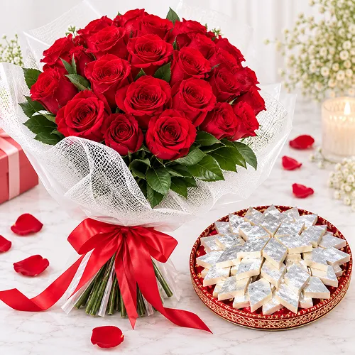 Roses with Kaju Katli Roses with Kaju Katli