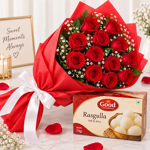 Roses with Rasgulla Roses with Rasgulla