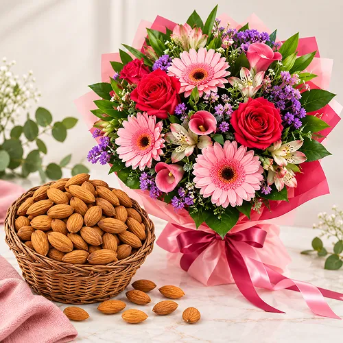 Seasonal Flowers With Almonds Basket Seasonal Flowers With Almonds Basket